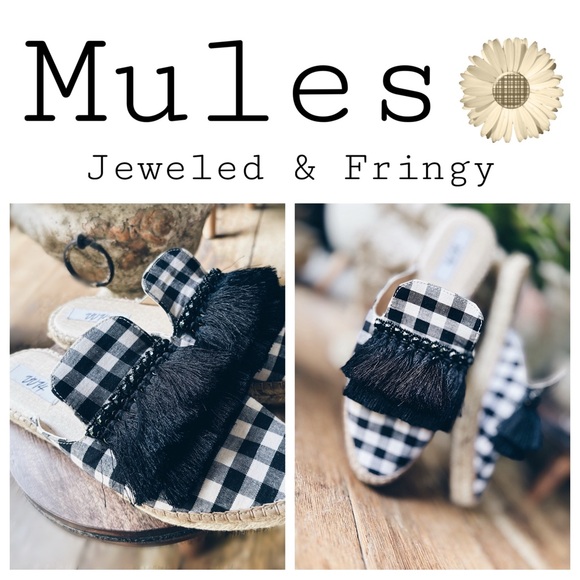 Gingham Mules Jeweled Fringed Espadrille Slides EU 40 NWT VV14 - Picture 2 of 9